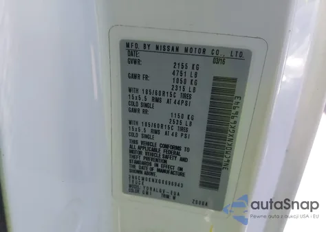 2016 Nissan Nv200 Sv z USA, uszkodzony, nr VIN 3N6CM0KNXGK696943